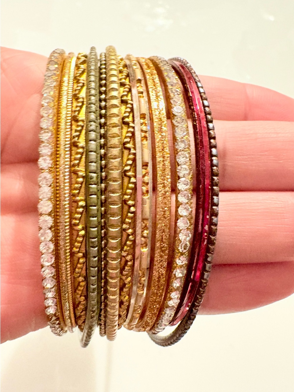 Gold and Pink Stacked Bangle Bracelet Set of 13 - Women Jewelry